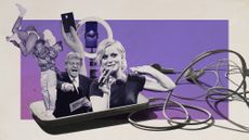 Photo collage of 1950s Black dancers performing a jitterbug stunt, a still of Jerry Springer from his eponymous show, a hand holding a credit card, a ring light, and Amy Poehler with a microphone.