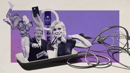 Photo collage of 1950s Black dancers performing a jitterbug stunt, a still of Jerry Springer from his eponymous show, a hand holding a credit card, a ring light, and Amy Poehler with a microphone.