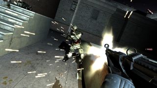 Gameplay screenshot of F.E.A.R. showing a gunfight