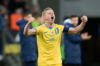 Ukraine Euro 2024 squad Oleksandr Zinchenko reacts after his team's won in the UEFA EURO 2024 Play-Offs final match between Ukraine and Iceland at Tarczynski Arena on March 26, 2024 in Wroclaw, Poland. (Photo by Rafal Oleksiewicz/Getty Images)