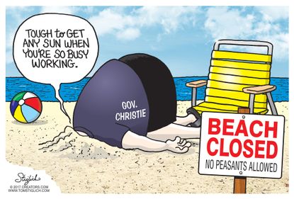 Political cartoon U.S. Chis Christie New Jersey beach closing