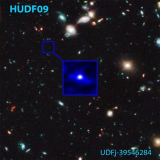 Shown here is the Hubble Space Telescope's photo of a candidate galaxy that existed 480 million years after the Big Bang (the z~10 galaxy) and the position in the Hubble Ultra Deep Field (HUDF) where it was found. The galaxy is touted as the oldest, most