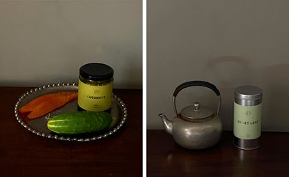 perfumer h jasmine tea on silver plate with silver tea pot, perfumer h pickled cucumber on a silver plate with salmon and pickle 