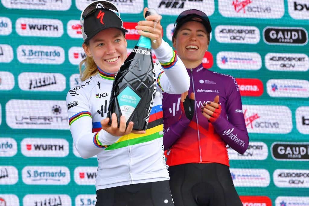 PRATO NEVOSO ITALY JULY 03 Anna Van Der Breggen of Netherlands and Team SD Worx stage winner celebrates at podium during the 32nd Giro dItalia Internazionale Femminile 2021 Stage 2 a 1001km stage from Boves to Prato Nevoso Colle del Prel 1607m Champagne GiroDonne UCIWWT on July 03 2021 in Prato Nevoso Italy Photo by Luc ClaessenGetty Images