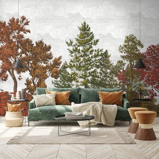 fall wall mural with sofa and textured cushions and throws