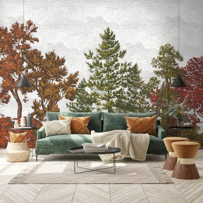 fall wall mural with sofa and textured cushions and throws 