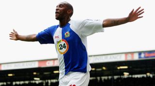Benni McCarthy of Blackburn Rovers celebrates his first half goal during the Barclays Premiership match between Blackburn Rovers and Reading at Ewood Park on May 13, 2007 in Blackburn, England