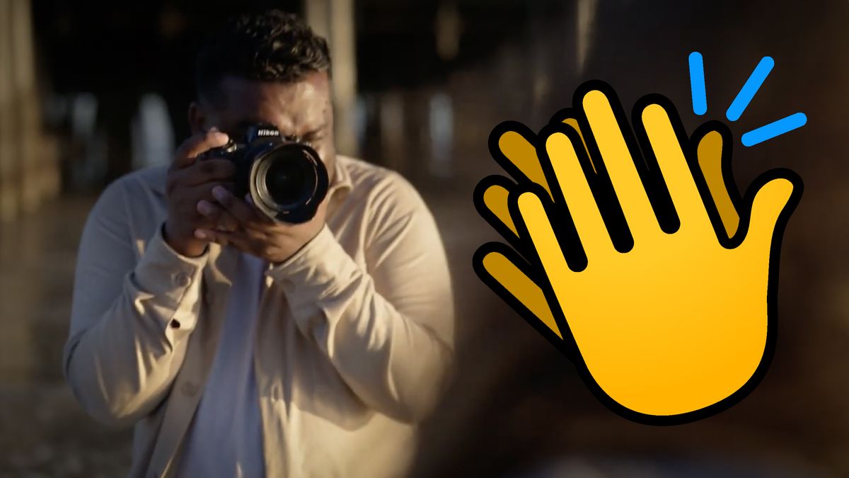 A &quot;clapping&quot; emoji over a still from the Nikon Z6 III teaser video