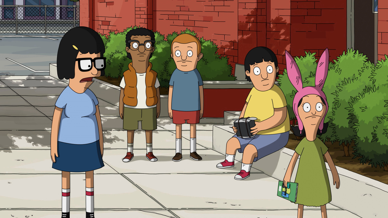 Tina, Darryl, Regular-Sized Rudy, Gene, and Louise stand around outside of school in The Bob's Burgers Movie.