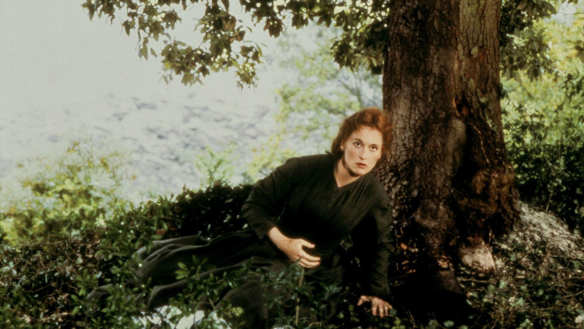 Meryl Streep in The French Lieutenant's Woman lies on the ground beneath a tree