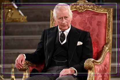 a close up of King Charles sitting on a red chair