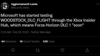 Screenshot of a Tweet from Aggiornamenti Lumia detailing Forza Horizon 5 DLC flighting.