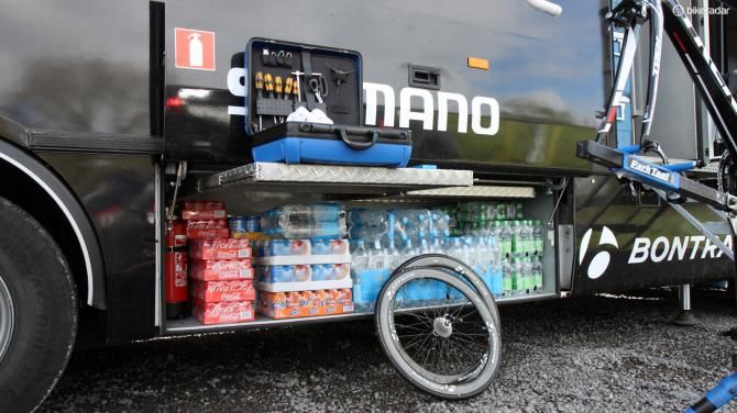 This forward cargo hold is used by the Trek Factory Racing team for drinks but there are also two slide-out tables for workspace