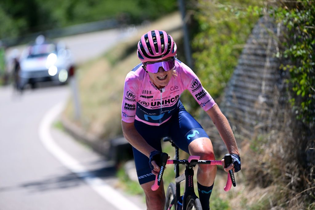 ALDENO ITALY JULY 08 Annemiek Van Vleuten of Netherlands and Movistar Team Pink Leader Jersey competes in the breakaway during the 33rd Giro dItalia Donne 2022 Stage 8 a 1047km stage from Rovereto to Aldeno GiroDonne UCIWWT on July 08 2022 in Aldeno Italy Photo by Dario BelingheriGetty Images