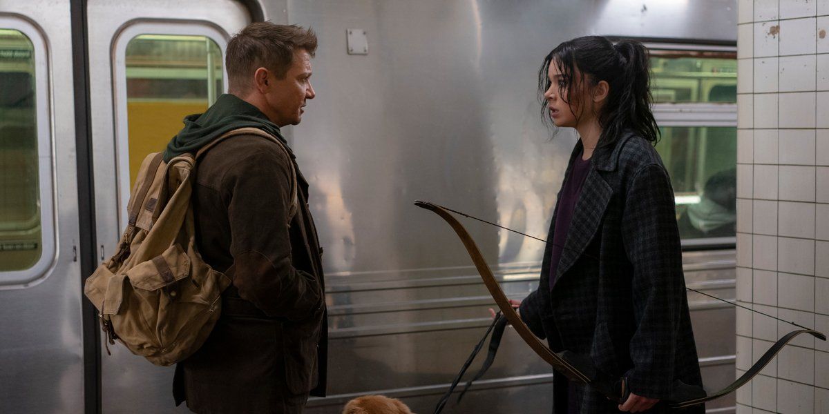 Jeremy Renner as Clint Barton and Hailee Steinfeld as Kate Bishop on Hawkeye