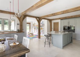 l shaped open plan kitchen living and dining area