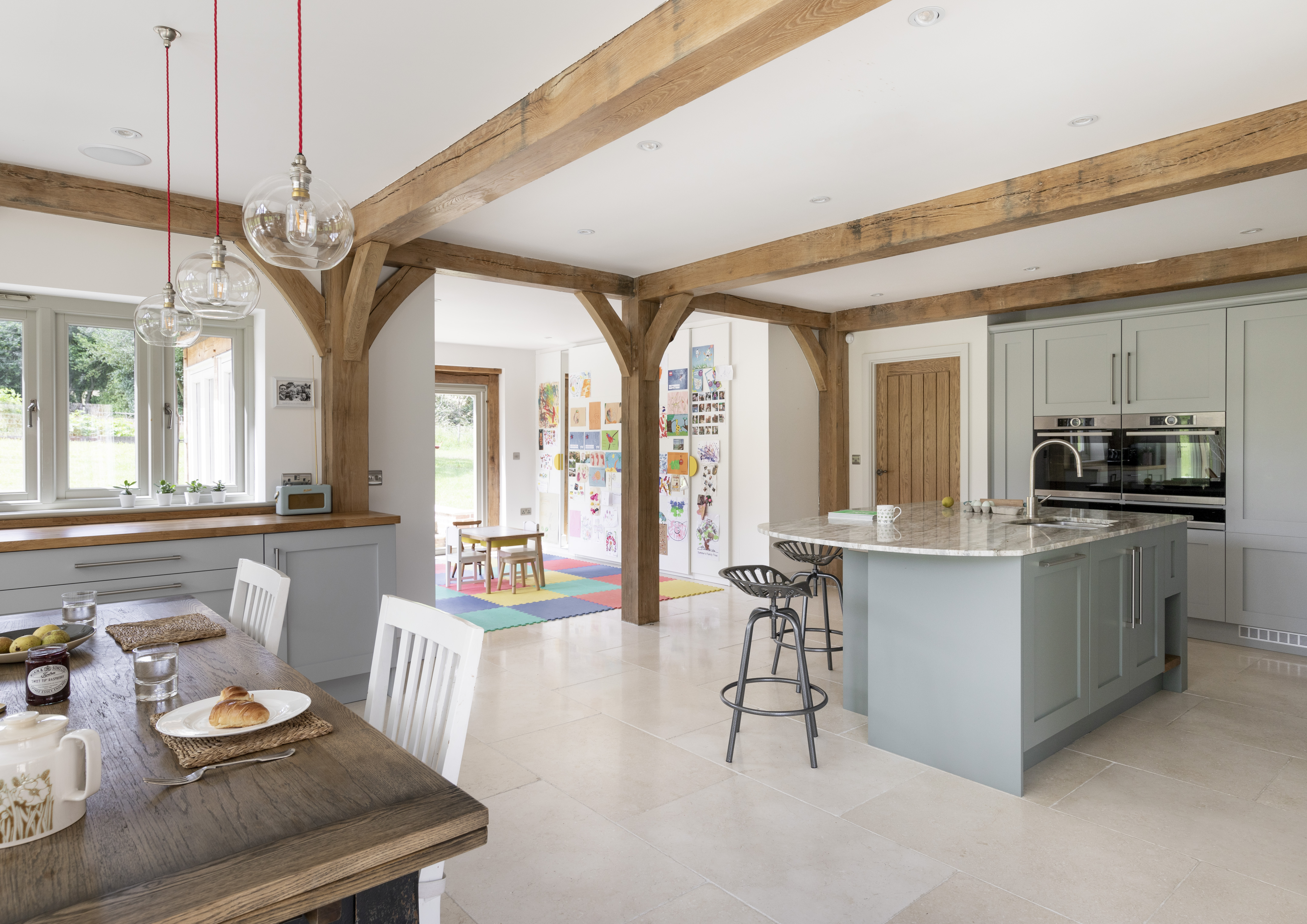 l shaped open plan kitchen living and dining area