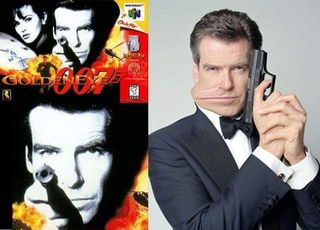Goldeneye 007 box art next to a photo of Pierce Brosnan with the mouth comically stretched