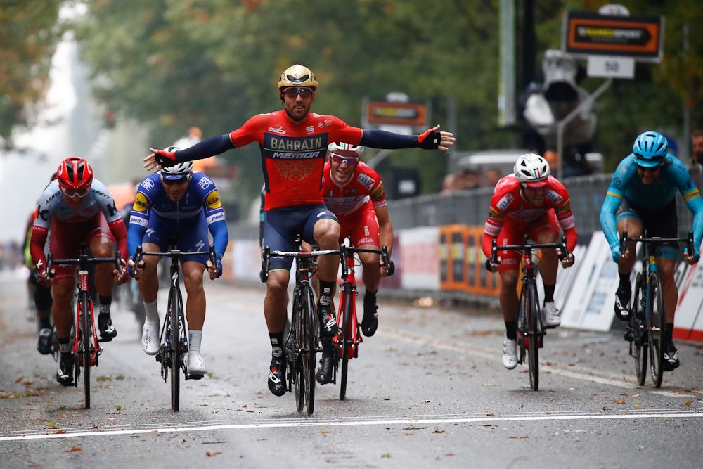 Sonny Colbrelli celebrates his win in the 2018 Gran Piemonte