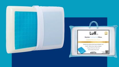 A composite image shows the Luff Sleep The Mayfair Cooling Gel Pillow with its cover pulled back to expose its blue cooling layer in one shot, and wrapped in its bag in the other shot