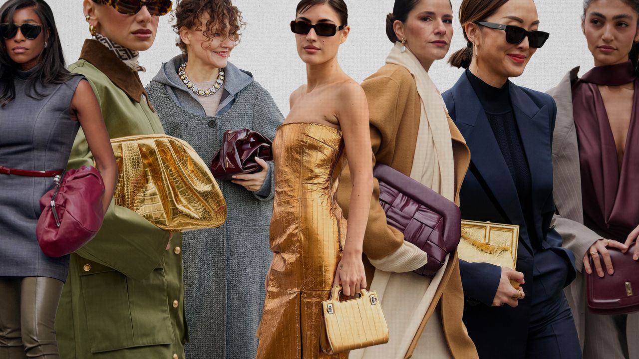 party clutches shown in a collage of street style images with women holding bags 