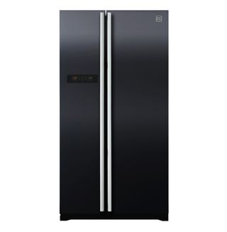 Large black fridge freezer with full length vertical double doors with silver handles
