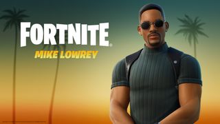 Mike Lowrey in a Fortnite art style in front of a background of Palm trees as the sun sets.