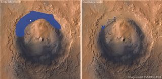 A new study suggests that Mars' Gale Crater hosted a handful of small lakes rather than a single big one in the ancient past. The star shows where NASA's Curiosity rover touched down in August 2012.