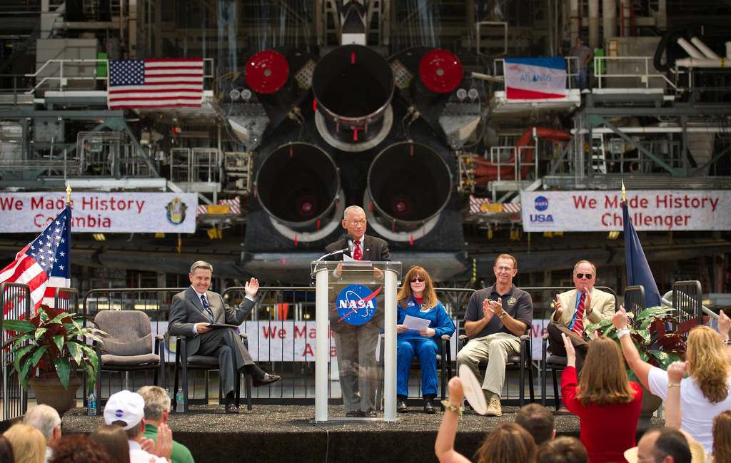 NASA Administrator Charles Bolden announces where four space shuttle orbiters will be permanently displayed at the conclusion of the Space Shuttle Program during an event held at one of the Orbiter Processing Facilities, Tuesday, April 12, 2011, at Kenned