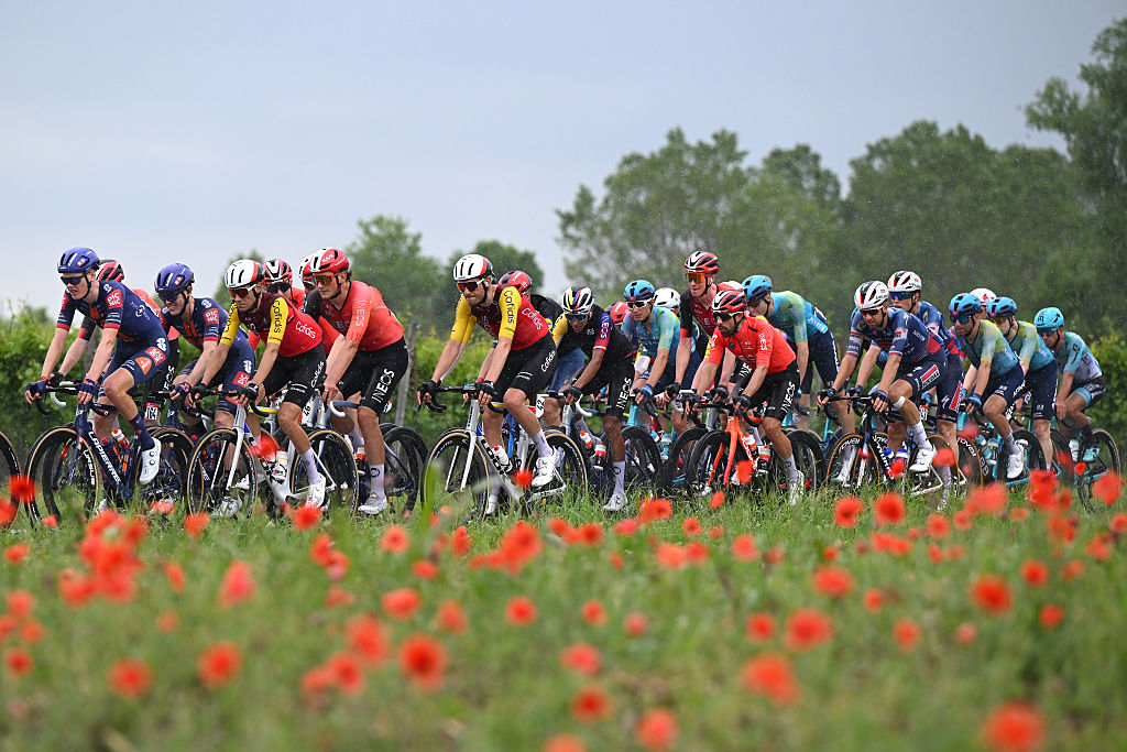 NOVA GORICA ITALY MAY 24 LR Gijs Leemreize of Netherlands and Team Picnic PostNL Stefano Oldani of Italy Nicolas Debeaumarche of France and Team Cofidis and a general view of the peloton competing during the 108th Giro dItalia 2025 Stage 14 a 195km stage from Treviso to Nova Gorica UCIWT on May 24 2025 in Nova Gorica Italy Photo by Dario BelingheriGetty Images