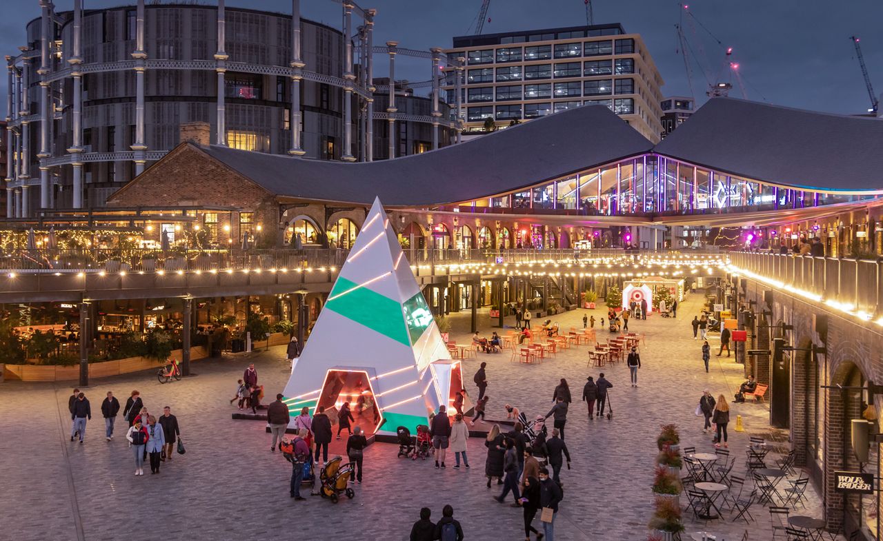 Prism festive installation at King’s Cross London, seen at night