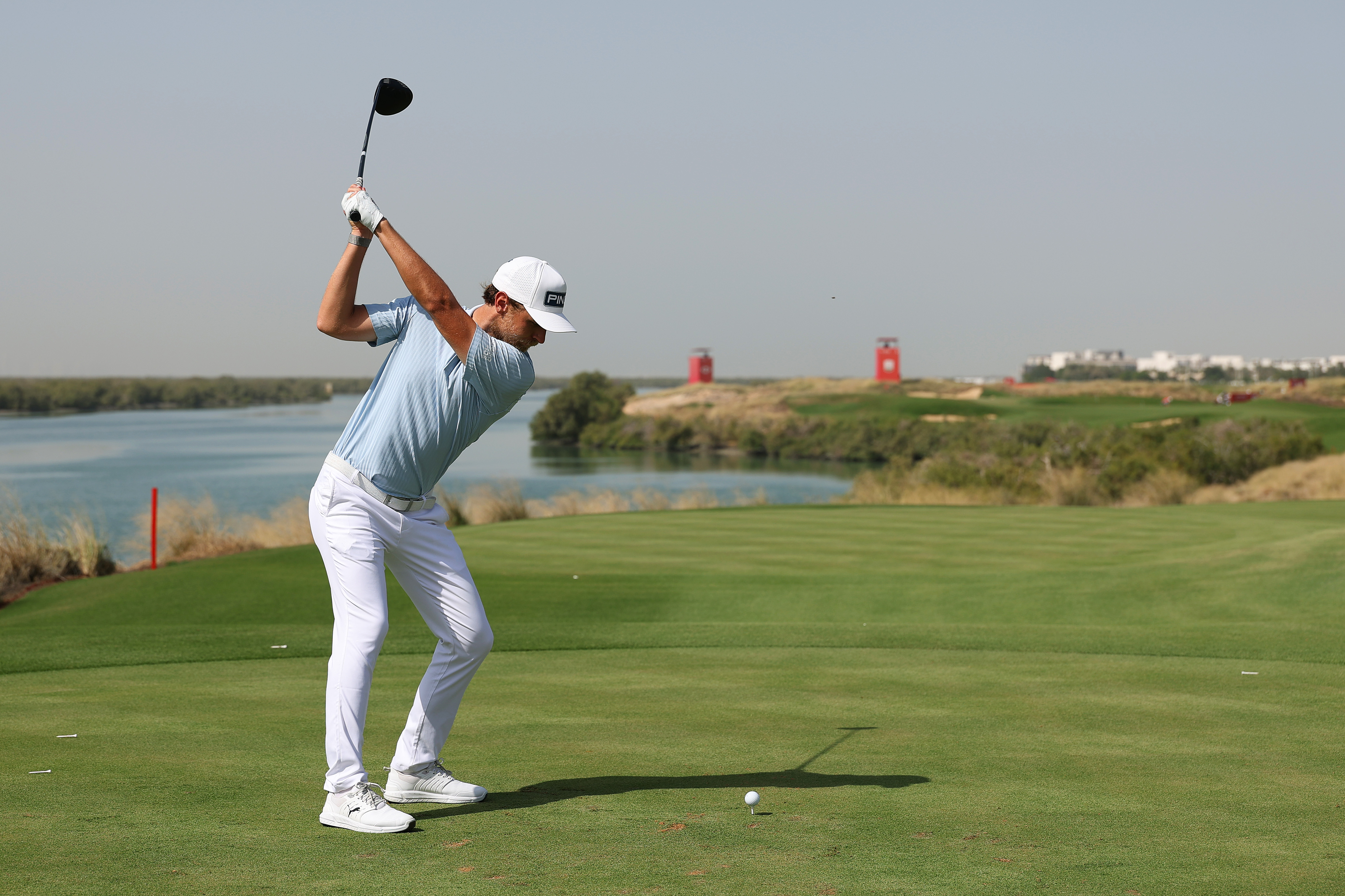 Kristoffer Reitan at the top of his backswing on a drive at Yas Links in the Abu Dhabi HSBC Championship