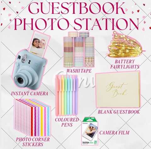 A graphic titled 'guestbook photo station' along with images and text of items you can purchase including an instant camera, washi tape and battery fairylights.