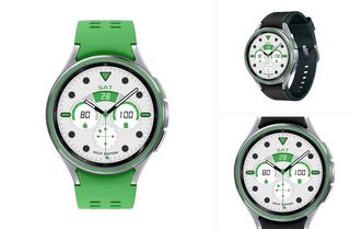 Galaxy Watch 6 Classic with green accents on the dial and power button as well as a green and black straps