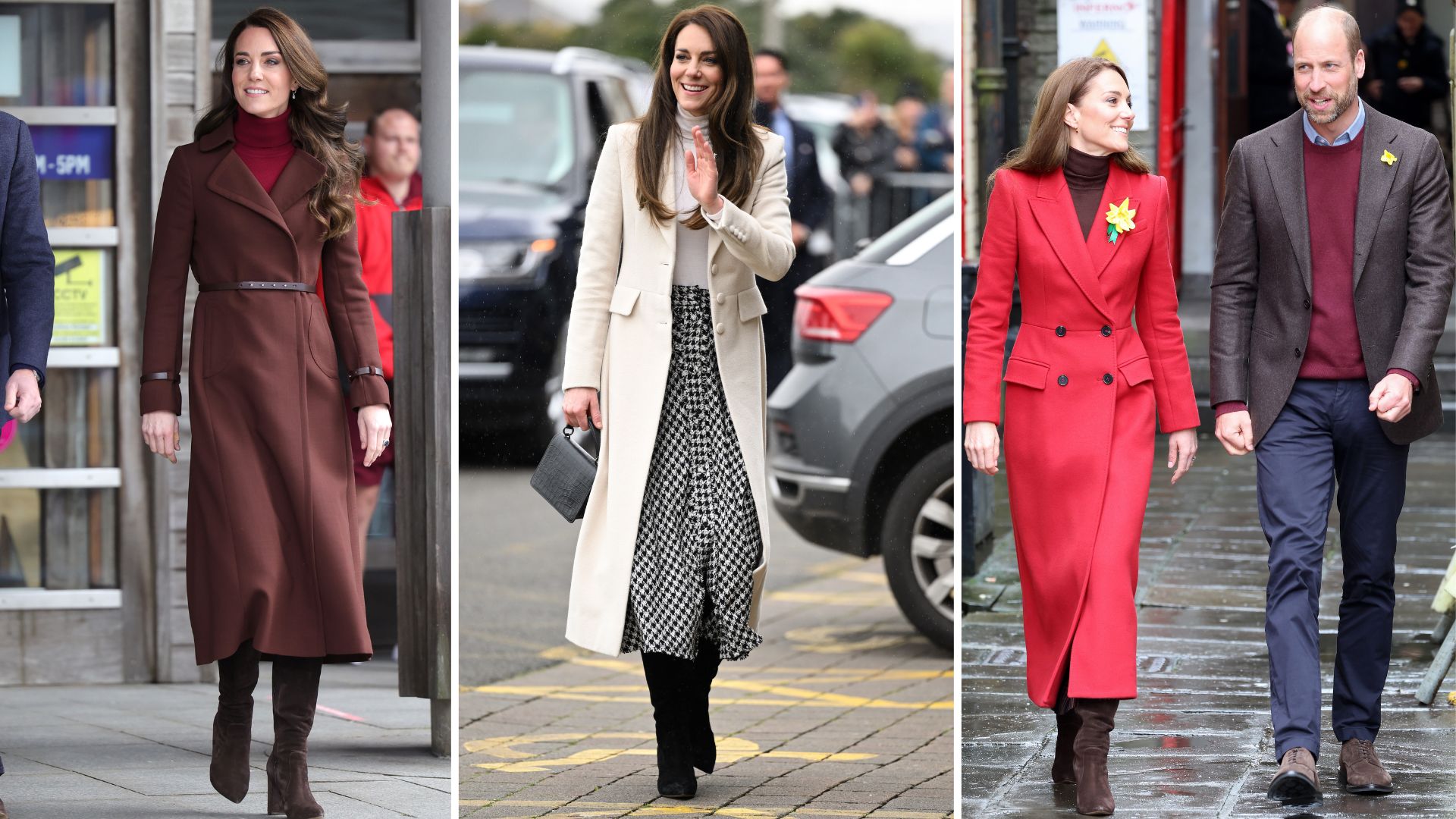 A composite of three pictures of Kate Middleton wearing her brown and black Gianvito Rossi knee high boots on different occasions 