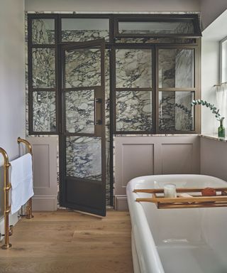 bathroom with separate grey marble shower room