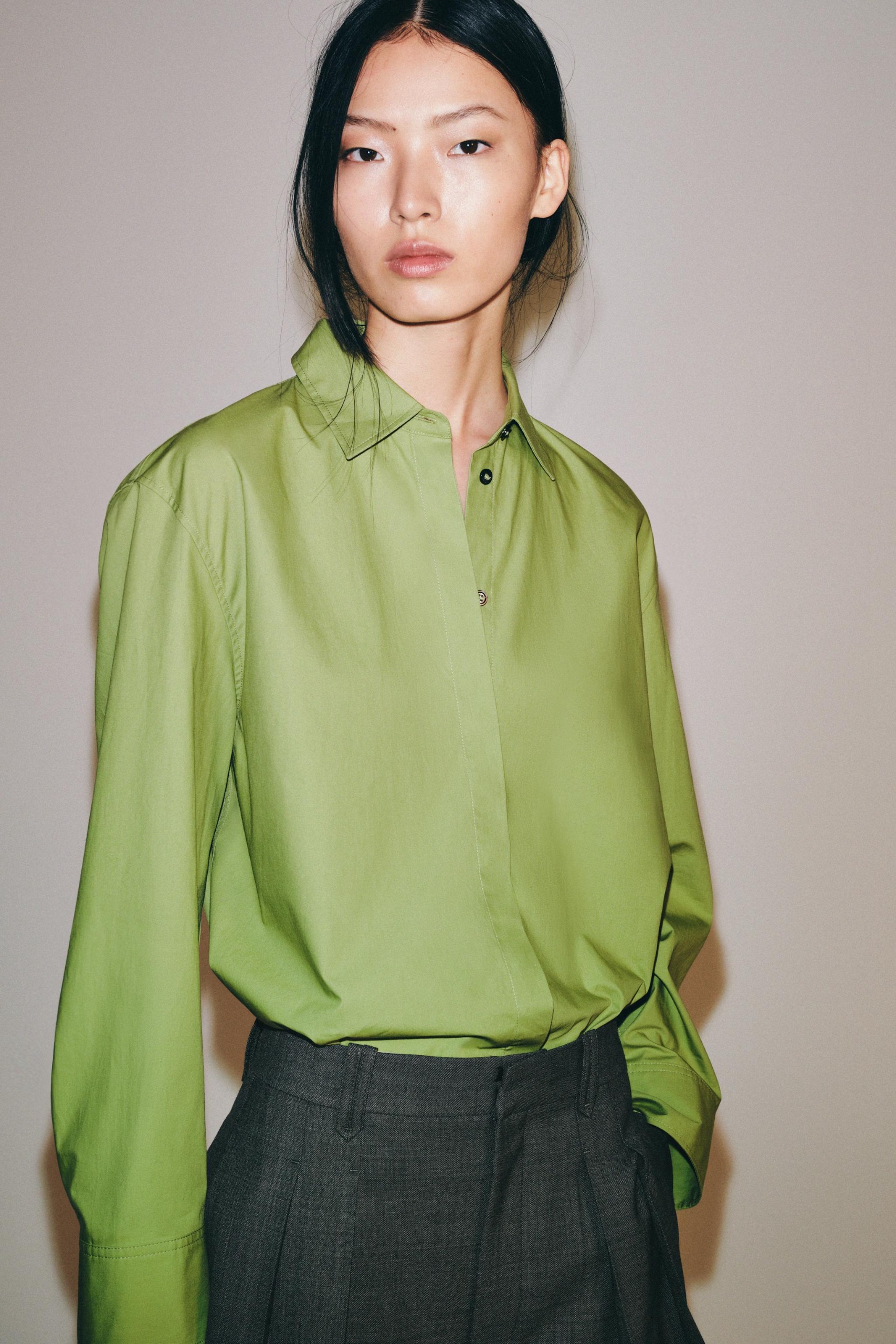 Zw Collection Poplin Shirt - Green - Xs
