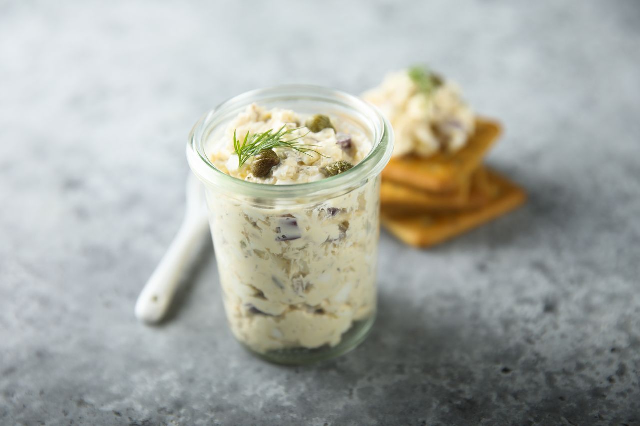 tuna and caper spread in a glass dish