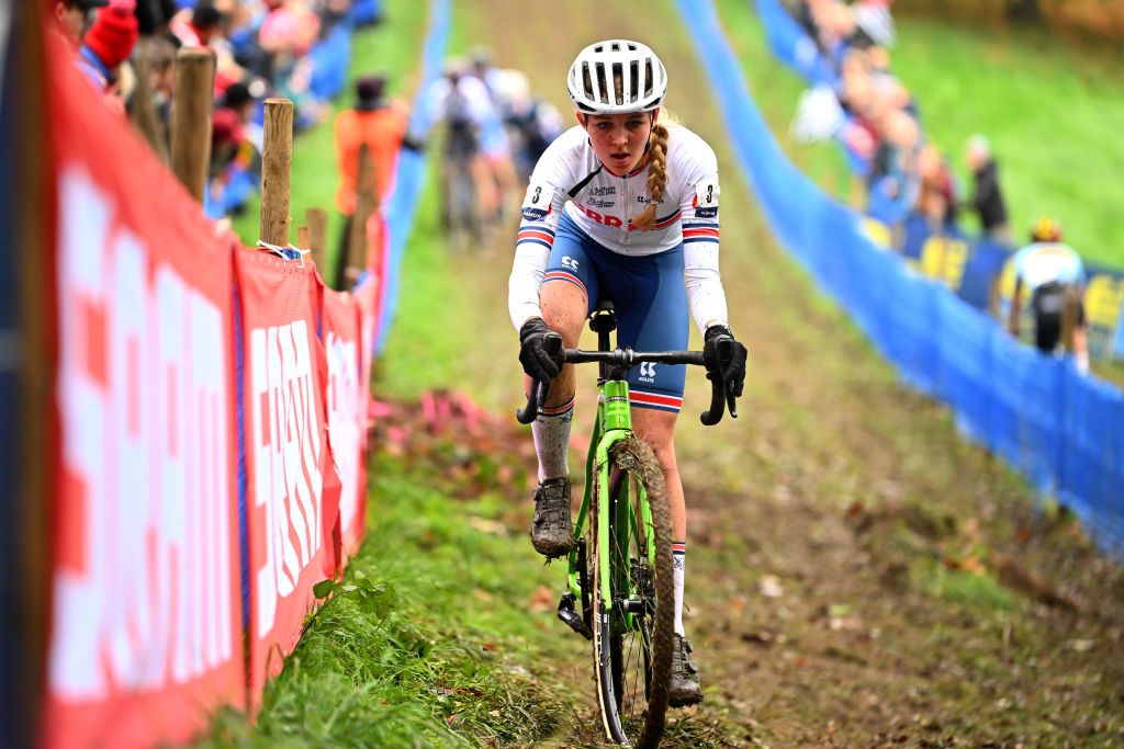 NAMUR BELGIUM NOVEMBER 05 Cat Ferguson of The United Kingdom competes during the 20th UEC European Cyclocross Championships 2022 Womens Junior EuroCross22 on November 05 2022 in Namur Belgium Photo by Luc ClaessenGetty Images