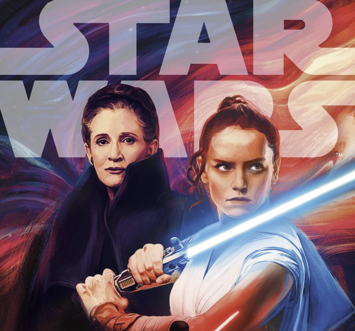 An illustrated book cover featuring General Leia Organa looking forward and Rey holding a glowing blue lightsaber, set against a colorful background with the "Star Wars" text logo.