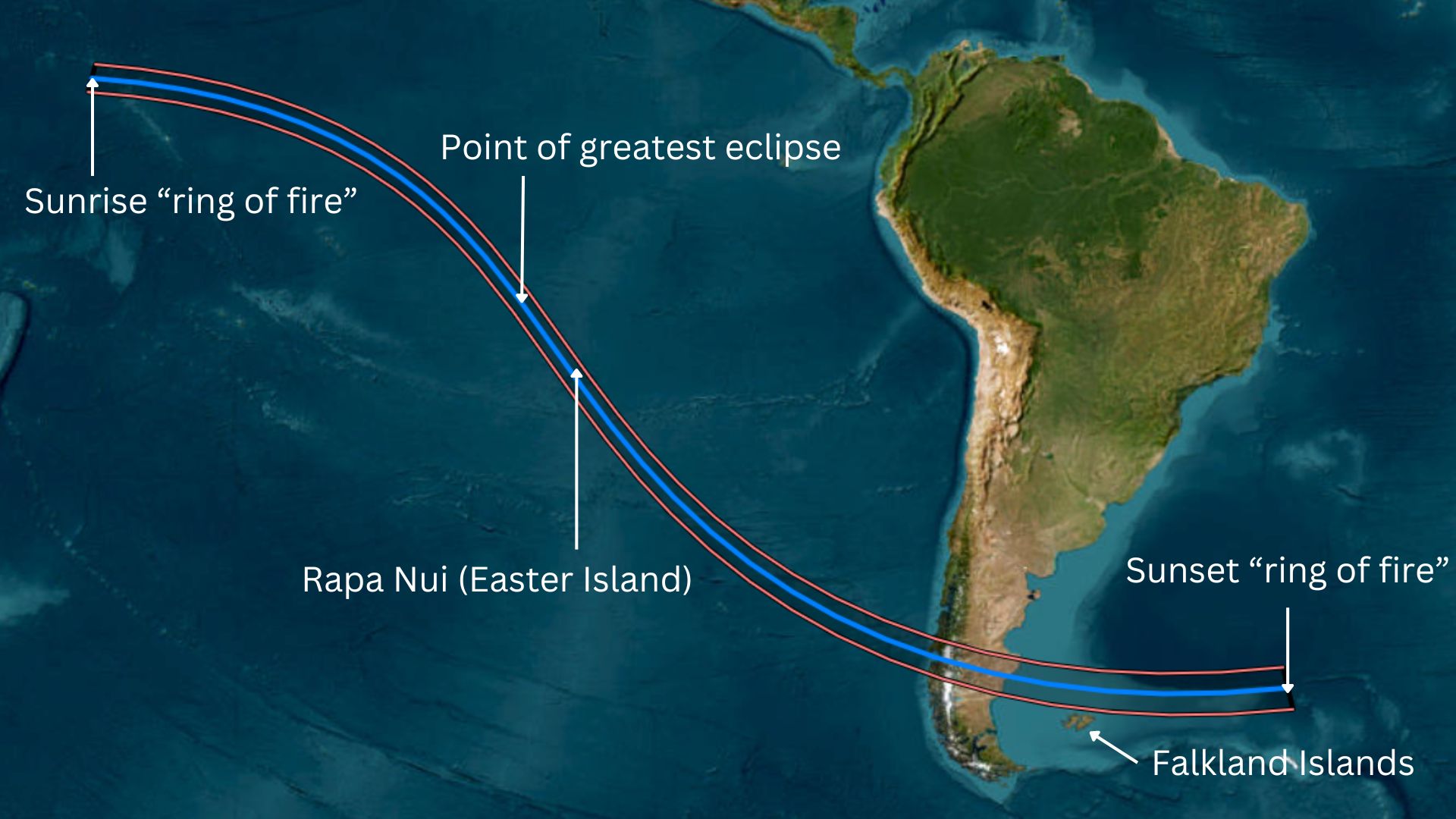 a map of south america and the pacific ocean showing the path of the annular solar eclipse passing over rapa nui (easter island) and across south america through chile and argentina.