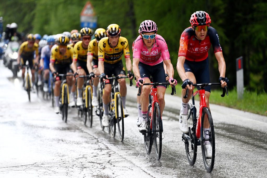TRE CIME DI LAVAREDO ITALY MAY 26 Geraint Thomas of The United Kingdom and Team INEOS Grenadiers Pink Leader Jersey competes during the 106th Giro dItalia 2023 Stage 19 a 183km stage from Longarone to Tre Cime di Lavaredo 2307m UCIWT on May 26 2023 in Tre Cime di Lavaredo Italy Photo by Tim de WaeleGetty Images