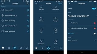 Screenshots of the Alexa app, showing how to create Alexa Routines