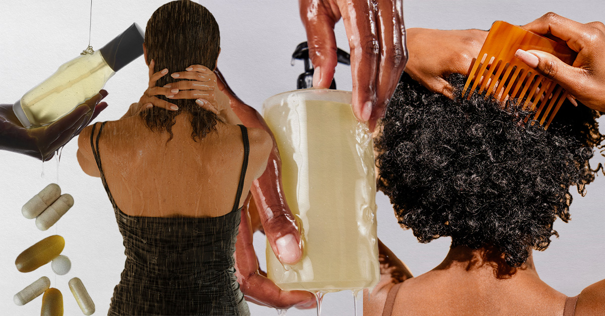 Photo of women, products, and supplements all dealing with hair loss.