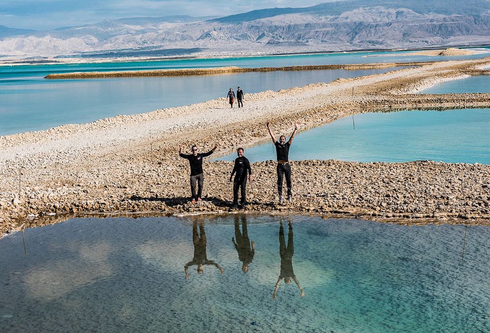 Israel Cycling Academy team staff at the Dead Sea