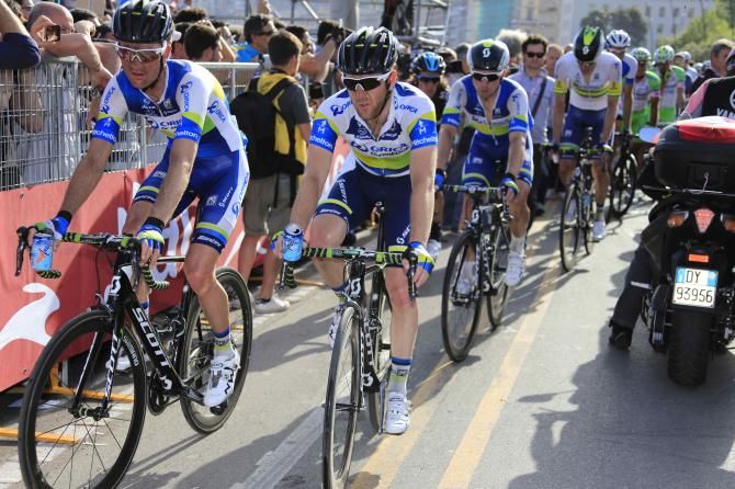 The Orica GreenEdge squad roll it in after a tough opening stage in Naples