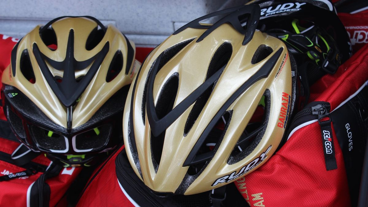 Rudy Project Racemaster helmets for Bahrain-Merida in distinctive gold