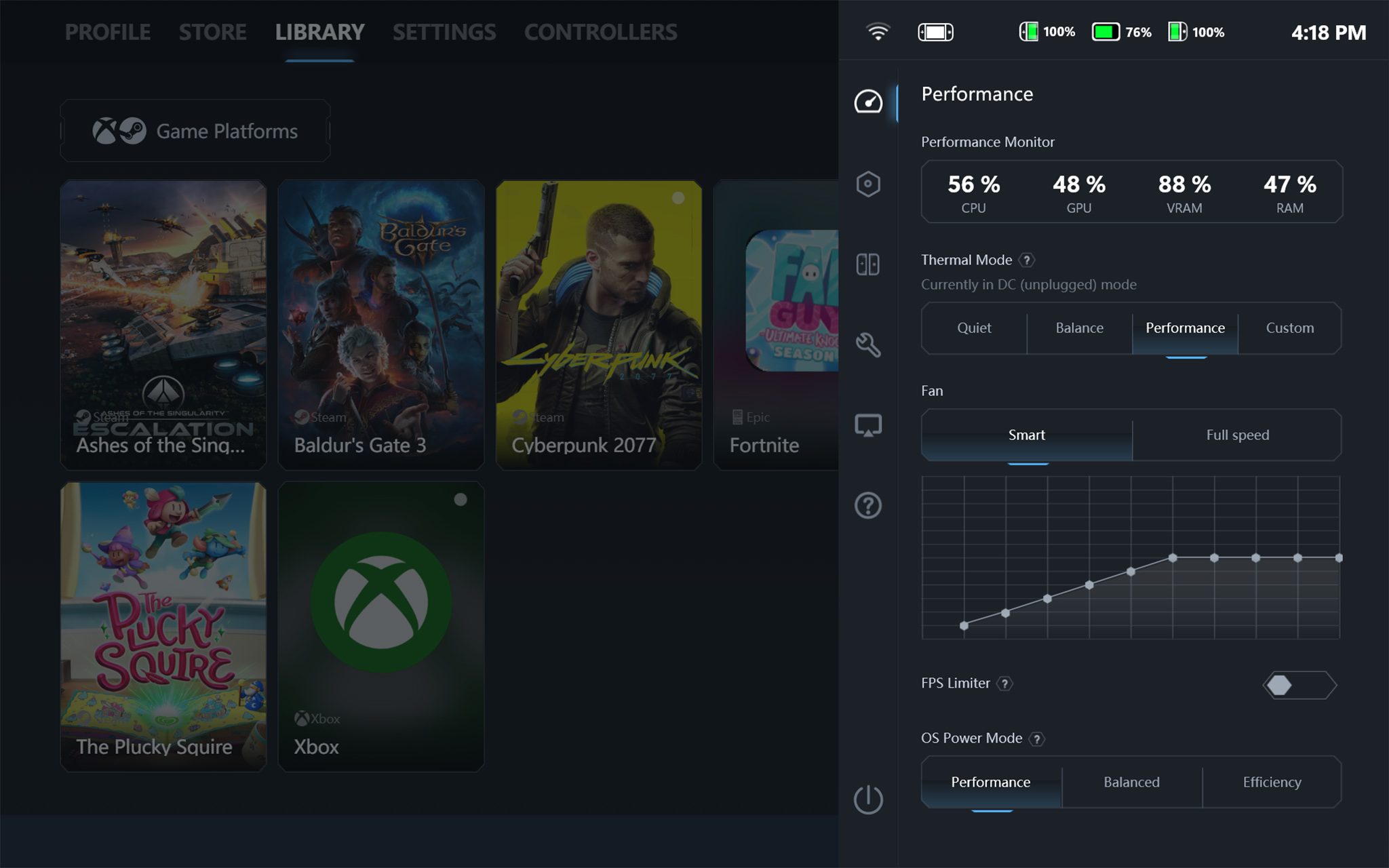 A screenshot of the Legion Space program showing the Performance side menu where you can change the device's thermal mode, fans, ans OS power mode. 