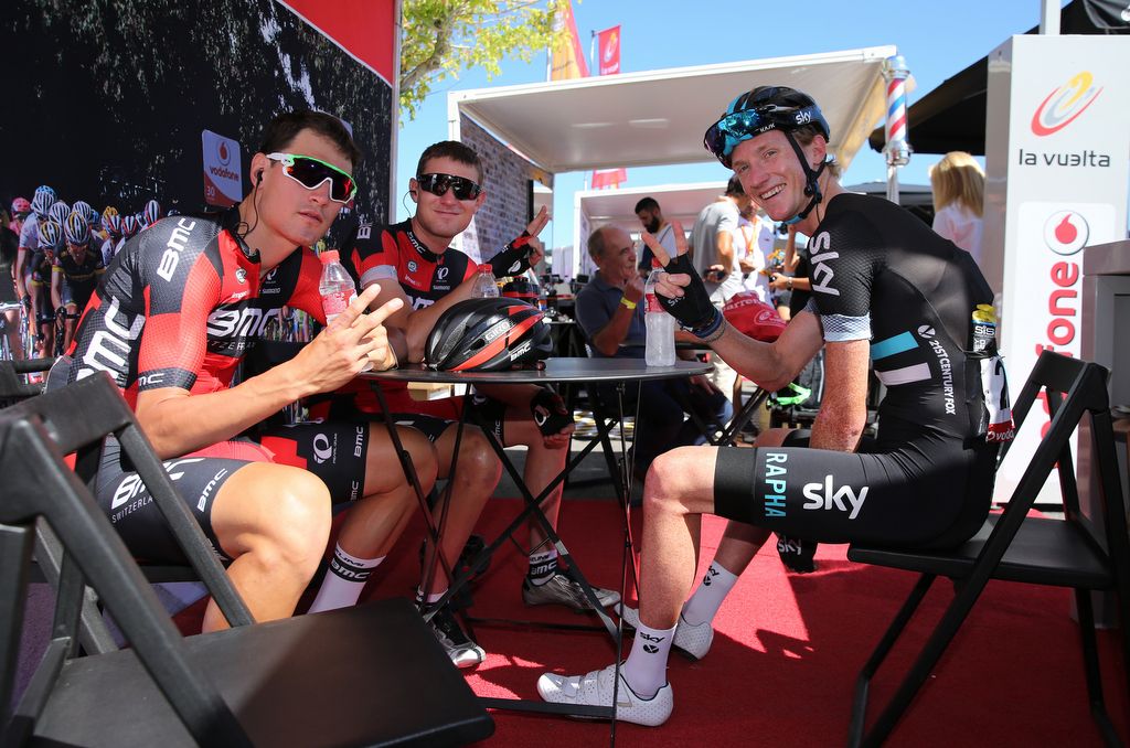 Tejay van Garderen and Silvan Dillier (BMC) enjoy a coffee with Team Sky's Ian Boswell pre-stage