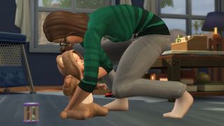 An adult Sim bends down to pick up an infant sim wearing a fuzzy animal onesie.